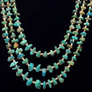 Triple Strand Turquoise Necklace Native American Sterling Findings 26”